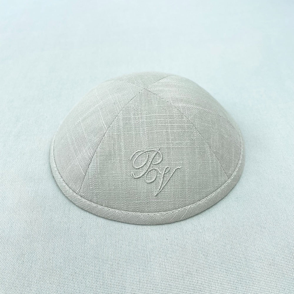 Beige Grey linen outside of cap with embroidered personalisation