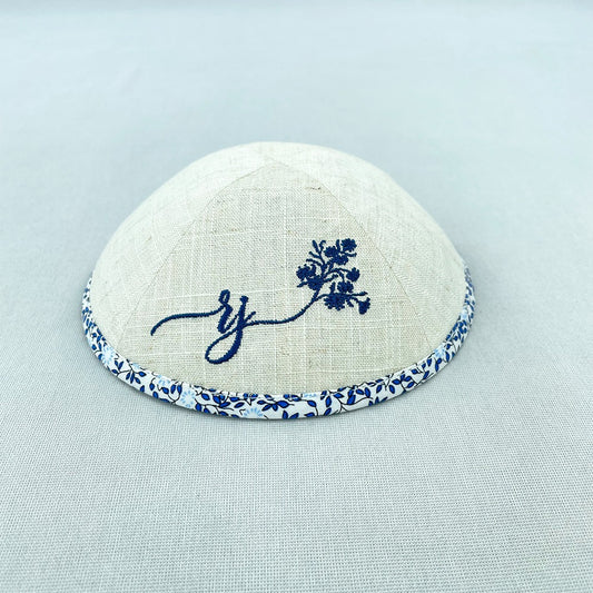 Oatmeal Linen with Botanic Trim Personalised Kippot