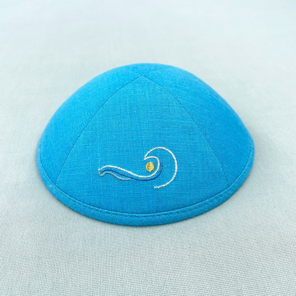 Aqua linen personalised yarmulke with embroidery on the outside