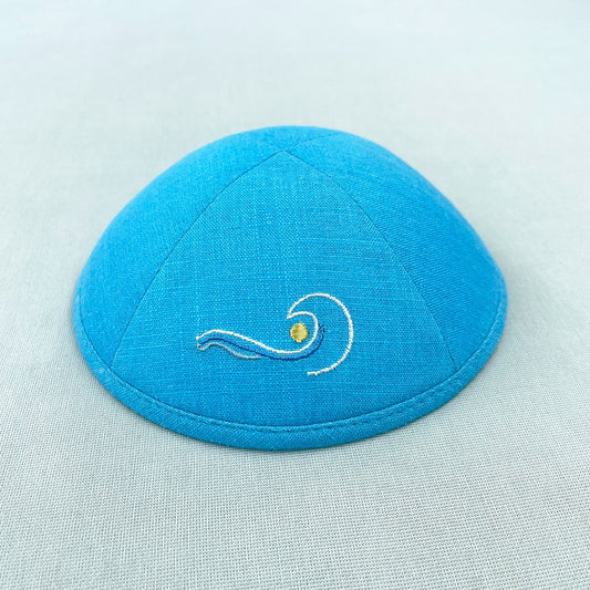 Aqua linen personalised yarmulke with embroidery on the outside