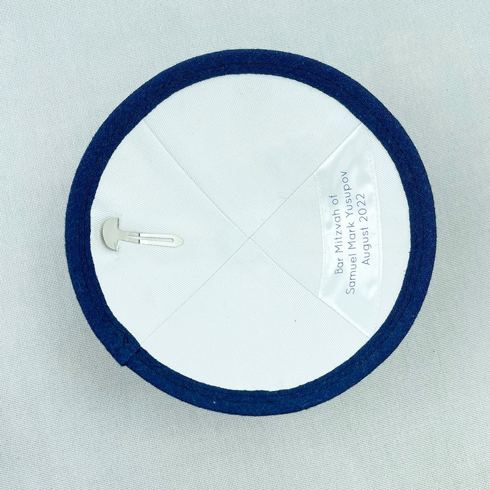 White and Blue Trim Linen Personalised Kippot