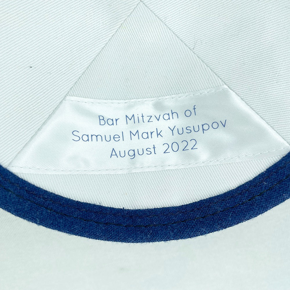 White and Blue Trim Linen Personalised Kippot